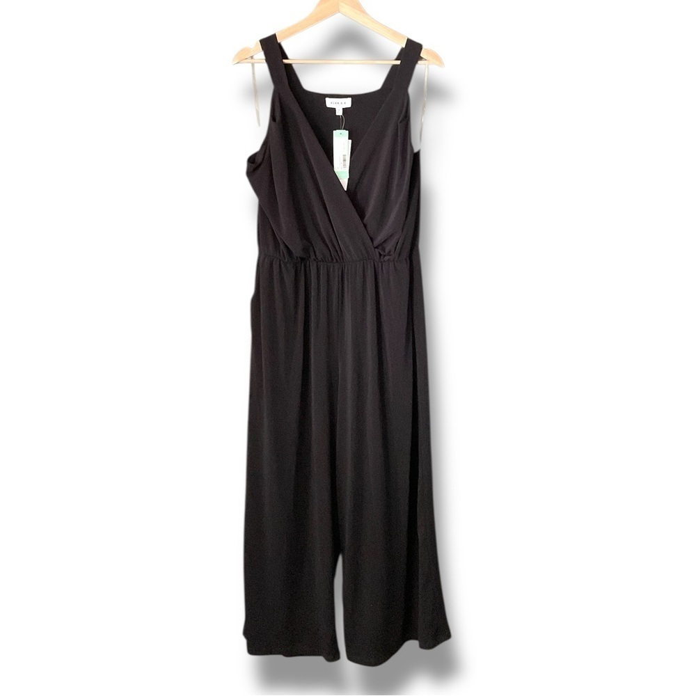 Gilli Black Jersey Knit Faux Wrap V-Neck Wide Leg Jumpsuit Size 2X
